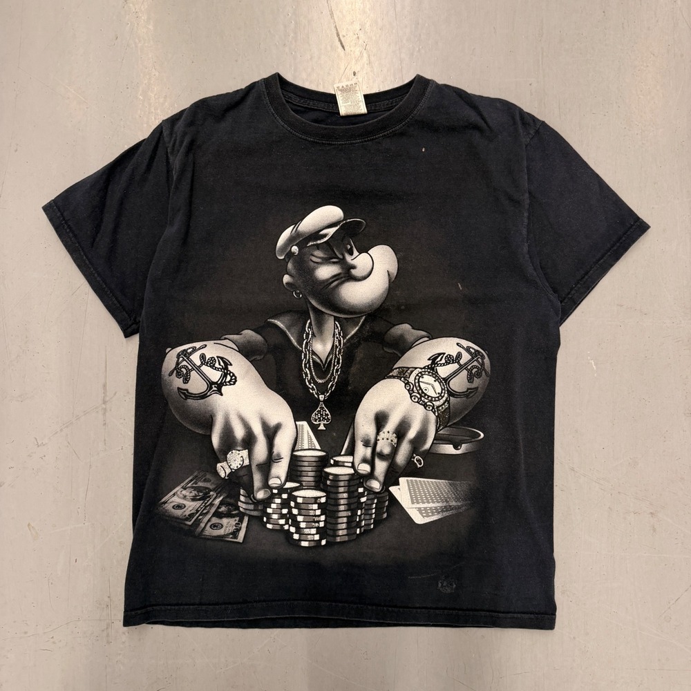 Popeye Poker Gambling Graphic T-Shirt Mens Large Black Fruit of the Loom 2003